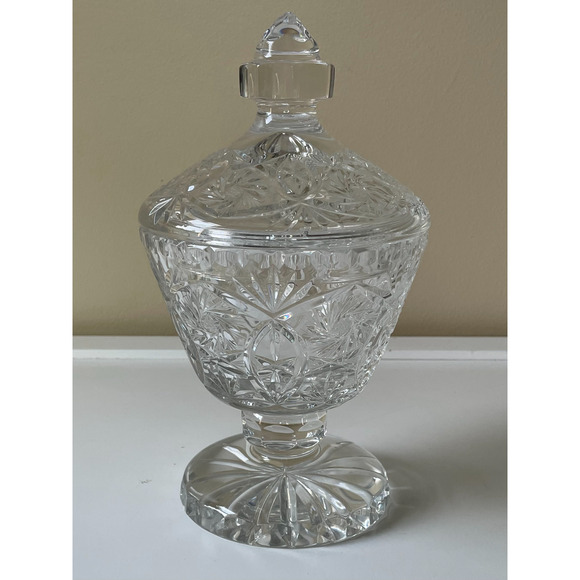 MCM Etched Lead Crystal Footed Pedestal Bowl with Lid 10.5 Inches Tall - Picture 2 of 5